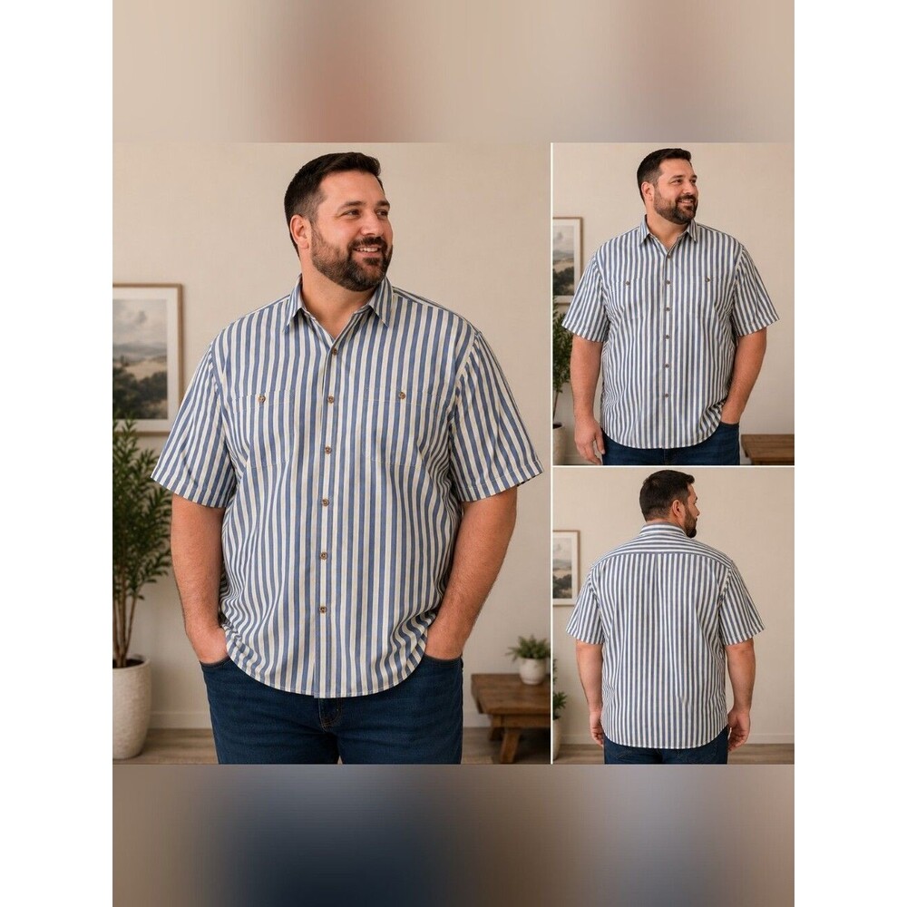 KingSize 2XL Big Blue White Striped Button Front Shirt Cotton Bland Short Sleeve